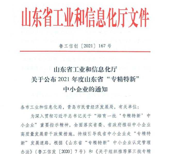 喜報(bào)！熱烈祝賀我司通過(guò)山東省“專精特新”中小企業(yè)審核